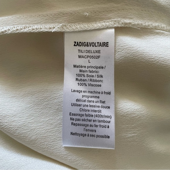 Zadig & Voltaire Tili Deluxe Off White Washed Silk Hidden Snap Button Up NWOT L - Picture 6 of 11